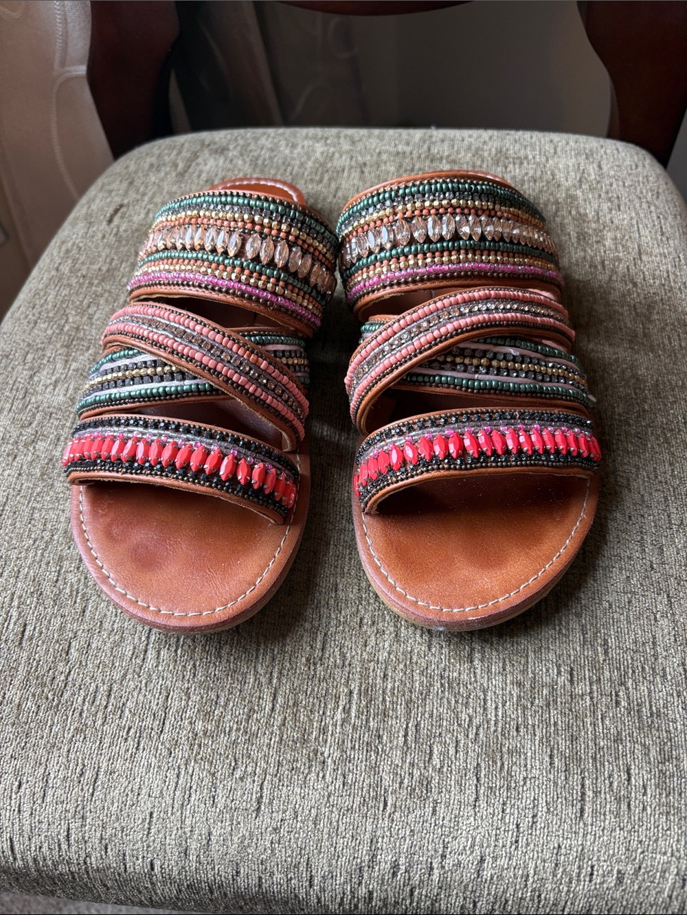 hinge Multicolor Beaded Brown Leather Slide Sandals